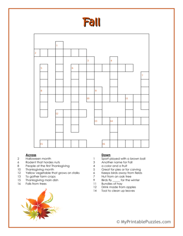 Fall Crossword Puzzle Intermediate My Printable Puzzles