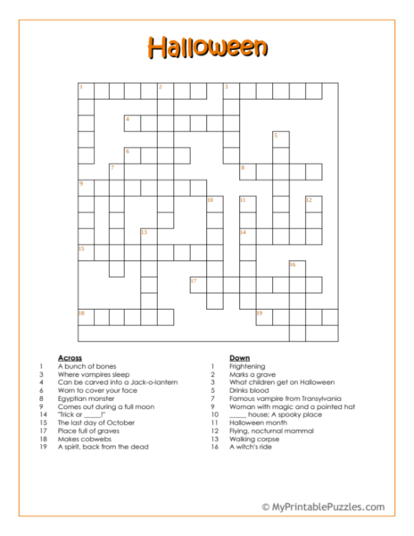 Halloween Crossword Puzzle – Intermediate