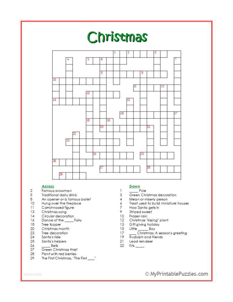 Christmas Crossword Puzzle Advanced My Printable Puzzles