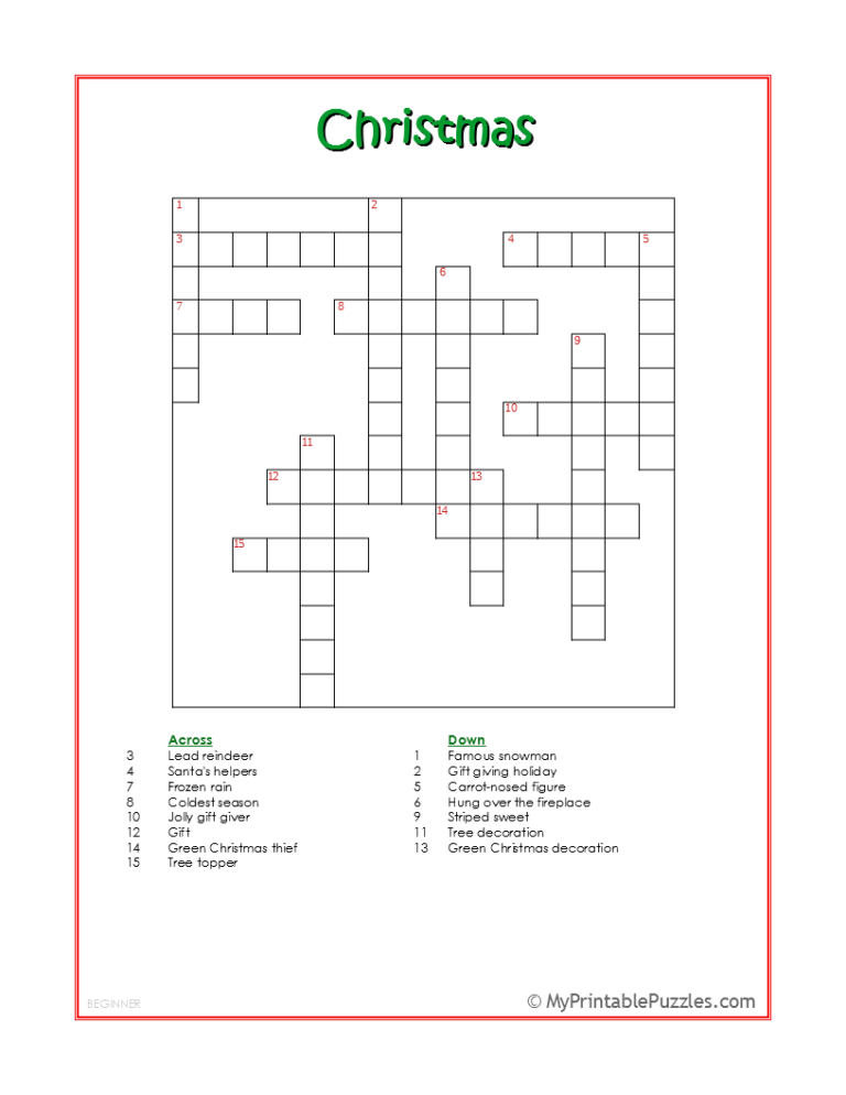 Christmas Crossword Puzzle Beginner My Printable Puzzles