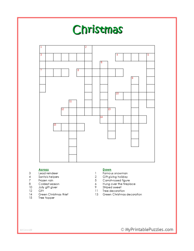 Christmas Crossword Puzzle Beginner My Printable Puzzles