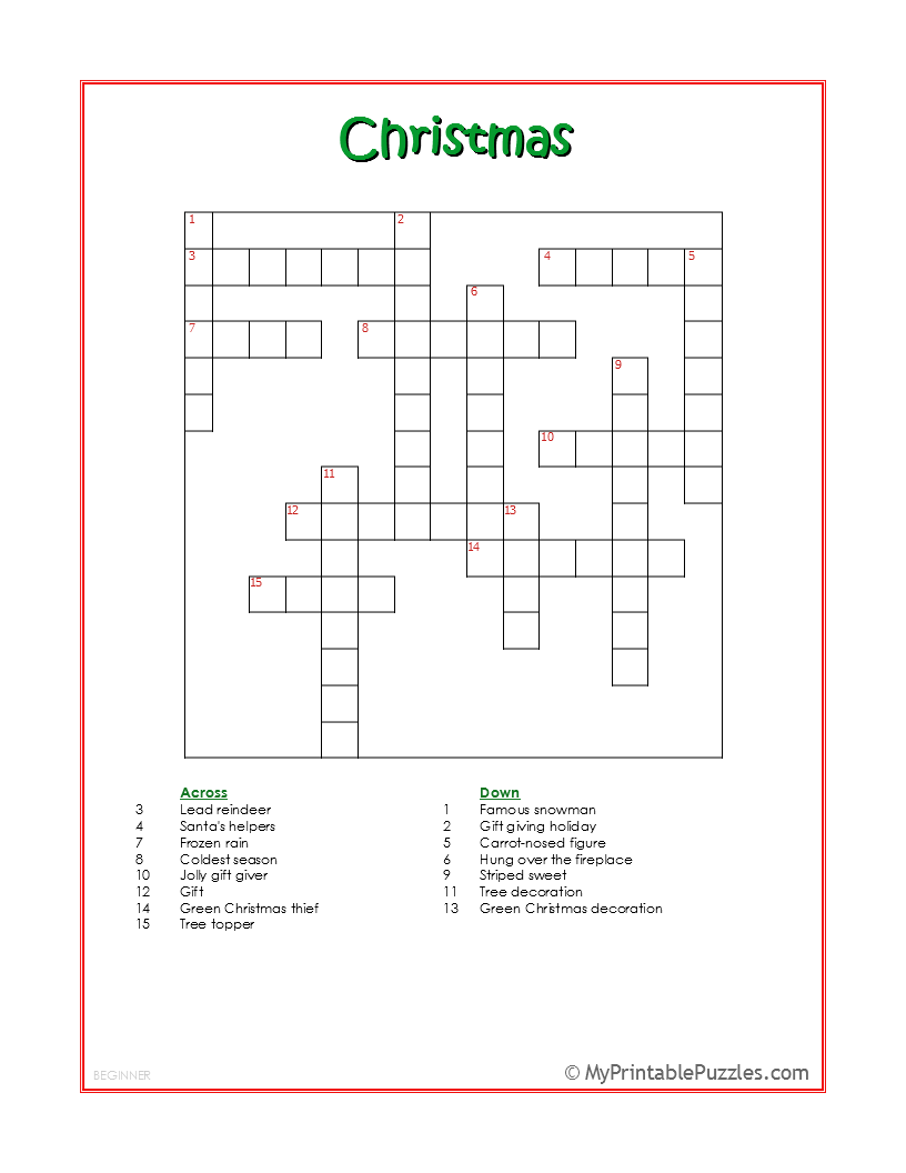 Christmas Crossword Puzzle - Beginner | My Printable Puzzles