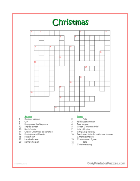 Christmas Crossword Puzzle – Intermediate