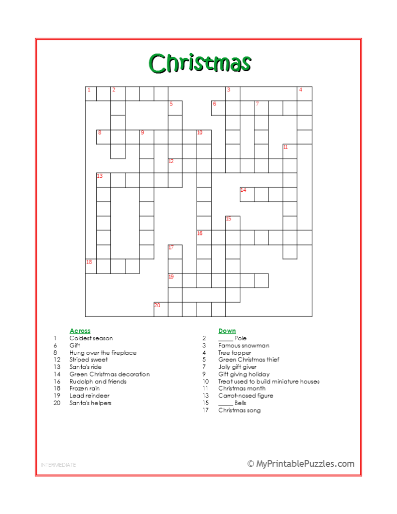 Christmas Crossword Puzzle - Intermediate