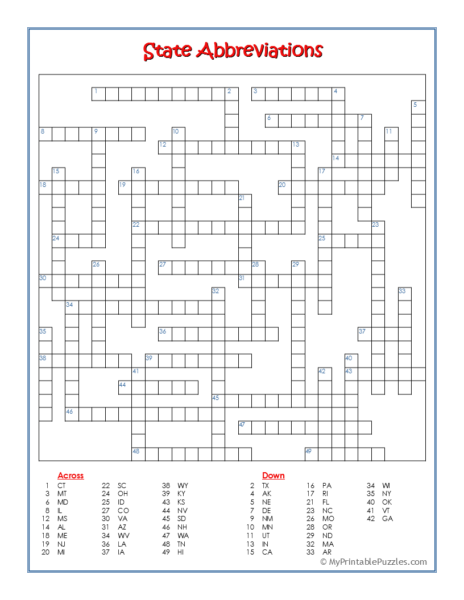 State Abbreviations Crossword Puzzle