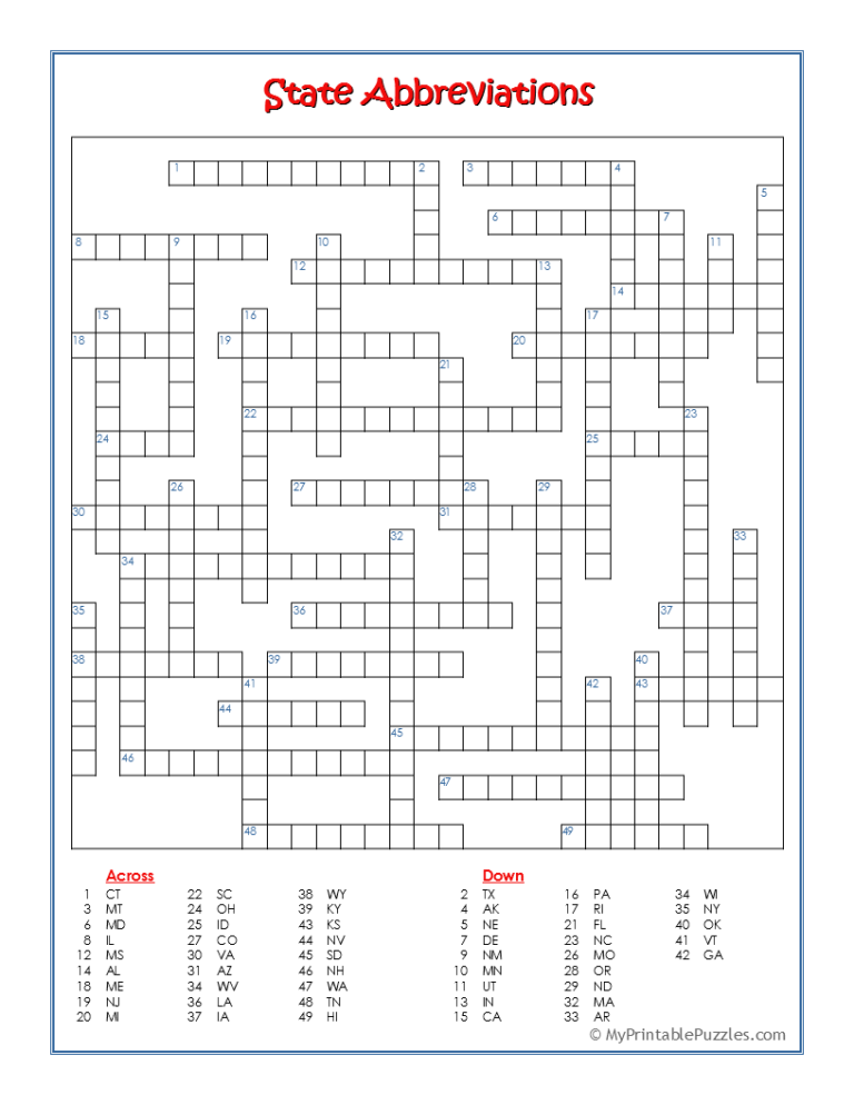 State Capitals Crossword Puzzle My Printable Puzzles
