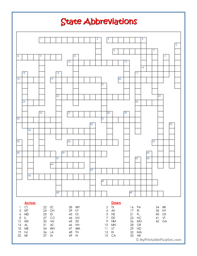 State Abbreviations Crossword Puzzle
