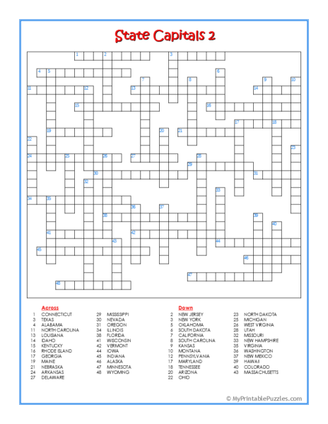 State Capitals 2 Crossword Puzzle My Printable Puzzles