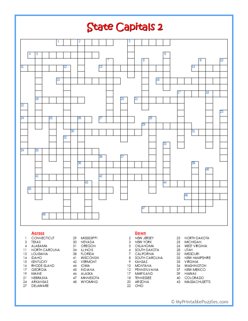 State Capitals 2 Crossword Puzzle