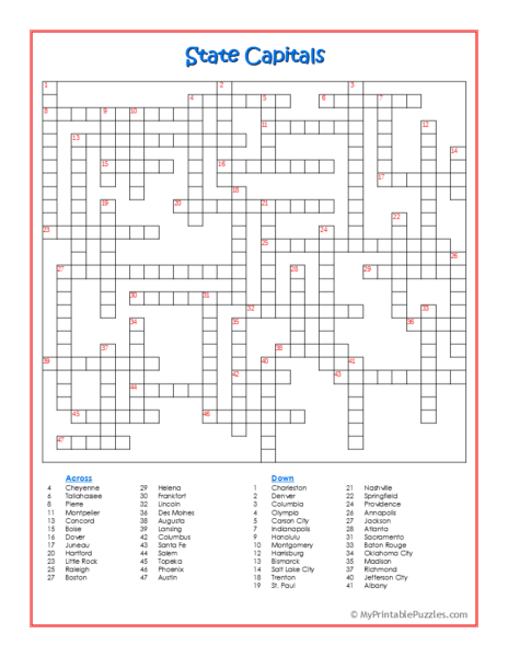 State Capitals Crossword Puzzle