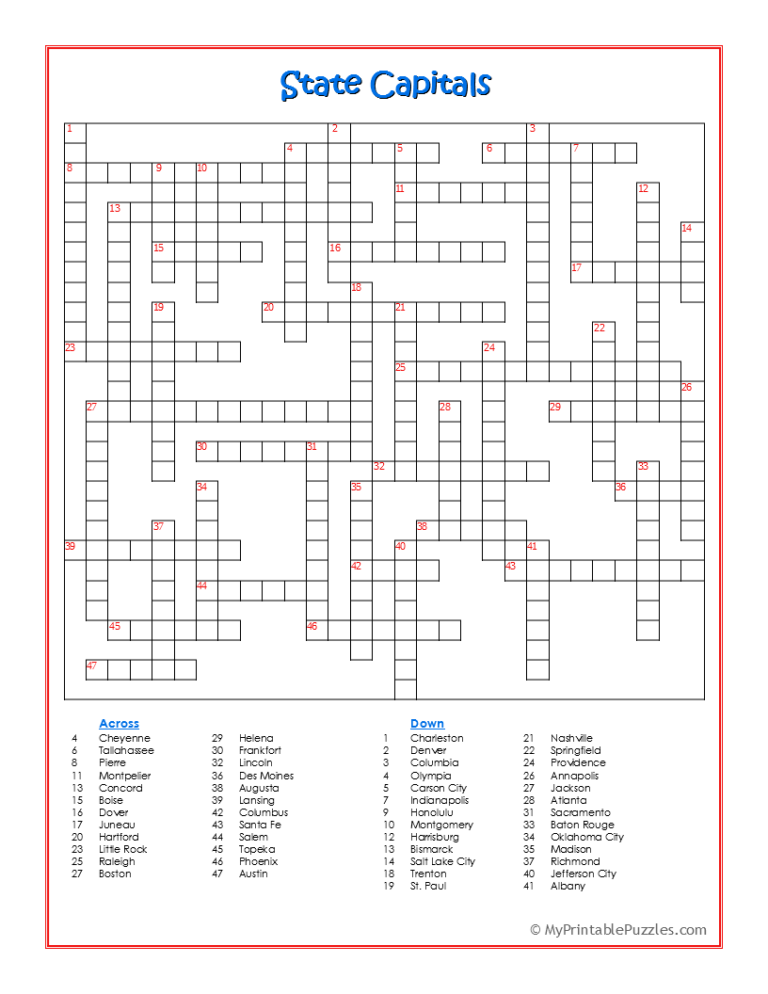 State Capitals Crossword Puzzle | My Printable Puzzles