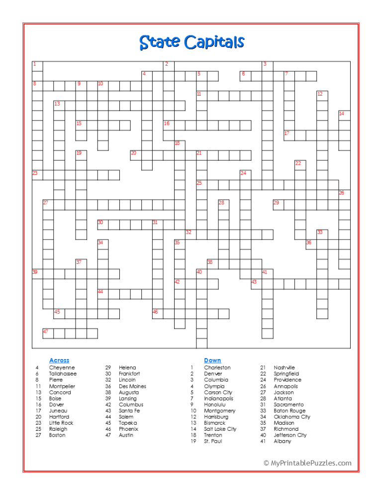 State Capitals 2 Crossword Puzzle My Printable Puzzles Gambaran