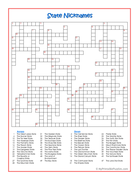 State Nicknames Crossword Puzzle