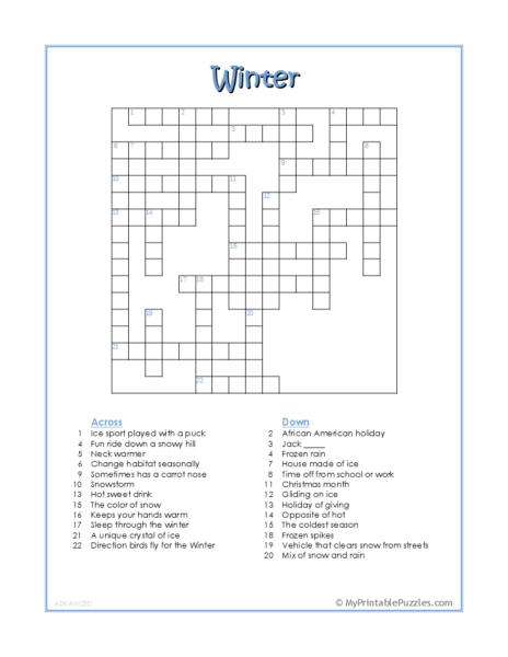 Winter Crossword Puzzle – Advanced