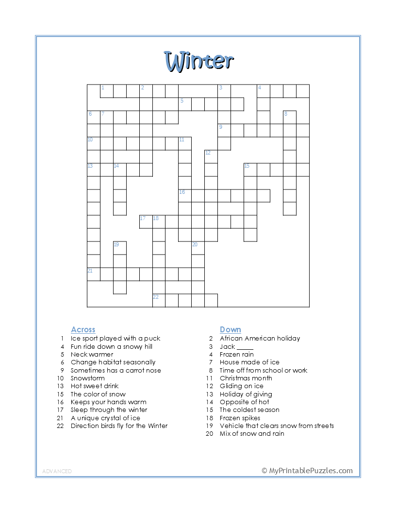 Winter Crossword Puzzle Printable