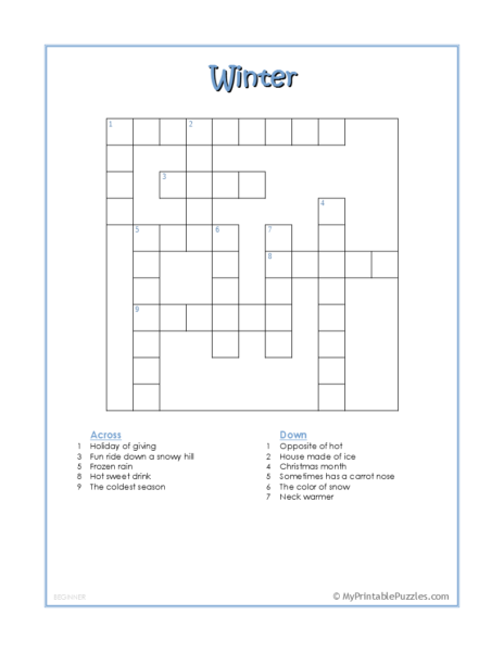 Winter Crossword Puzzle – Beginner