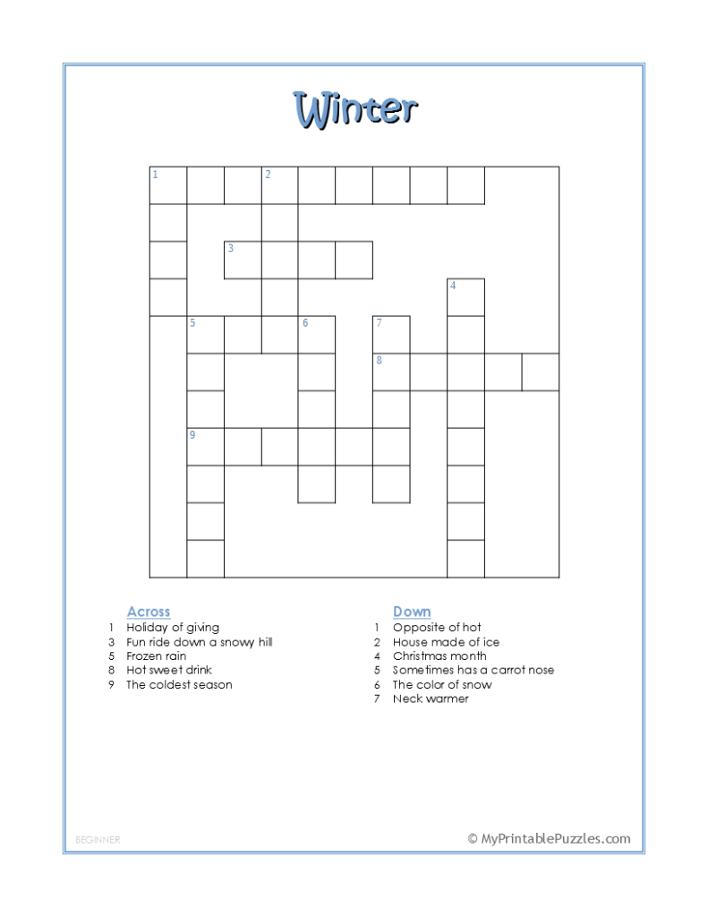 Winter Crossword Puzzle - Beginner