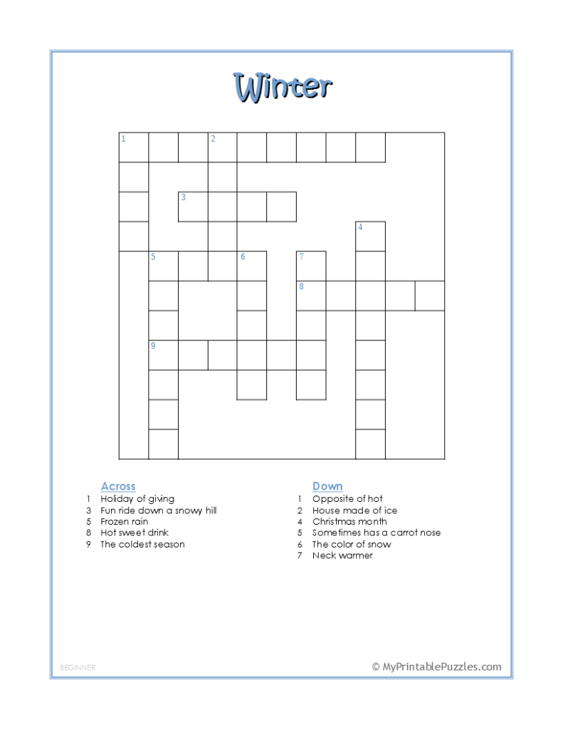 Free Printable Winter Themed Crossword Puzzles For Adults