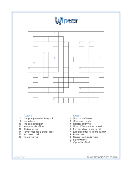 Winter Crossword Puzzle – Intermediate