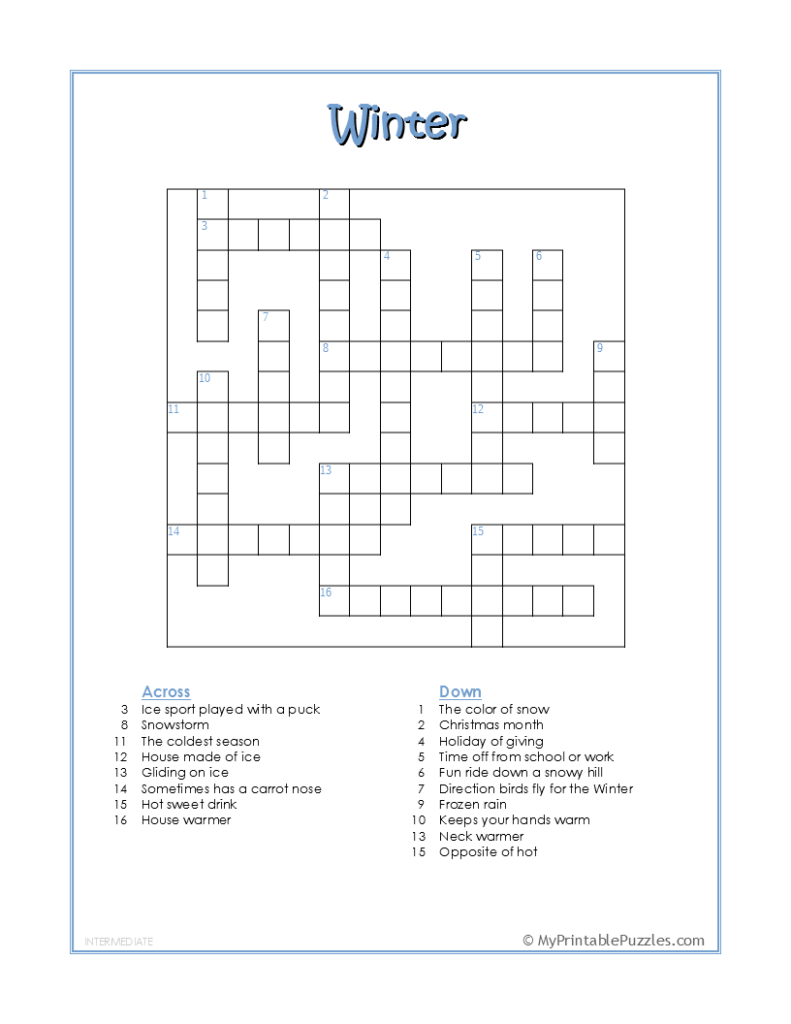 Winter Crossword Puzzle - Intermediate