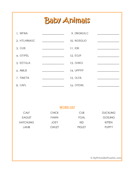 Baby Animal Word Scramble