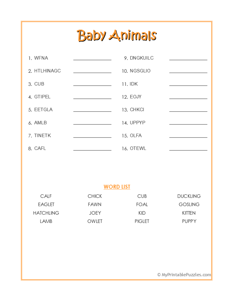 Baby Animal Word Scramble My Printable Puzzles