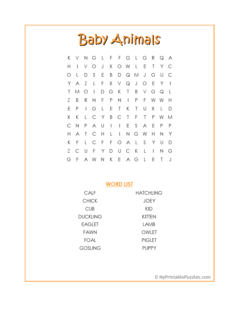 Baby Animals Word Search | My Printable Puzzles