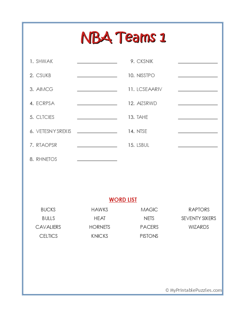 NBA Teams 1-Word Scramble
