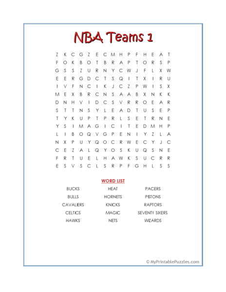 NBA Teams 1 Word Search