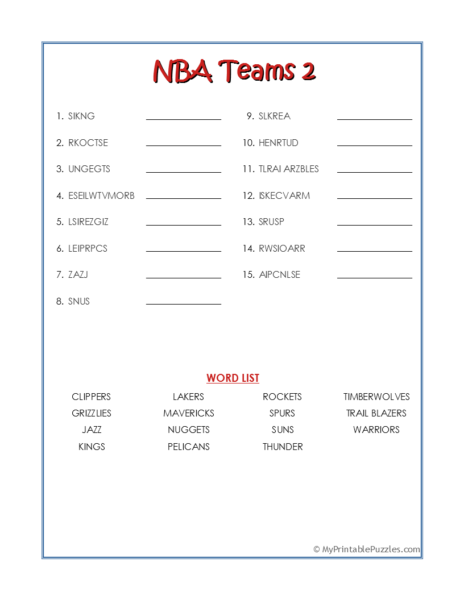 NBA Teams 2-Word Scramble