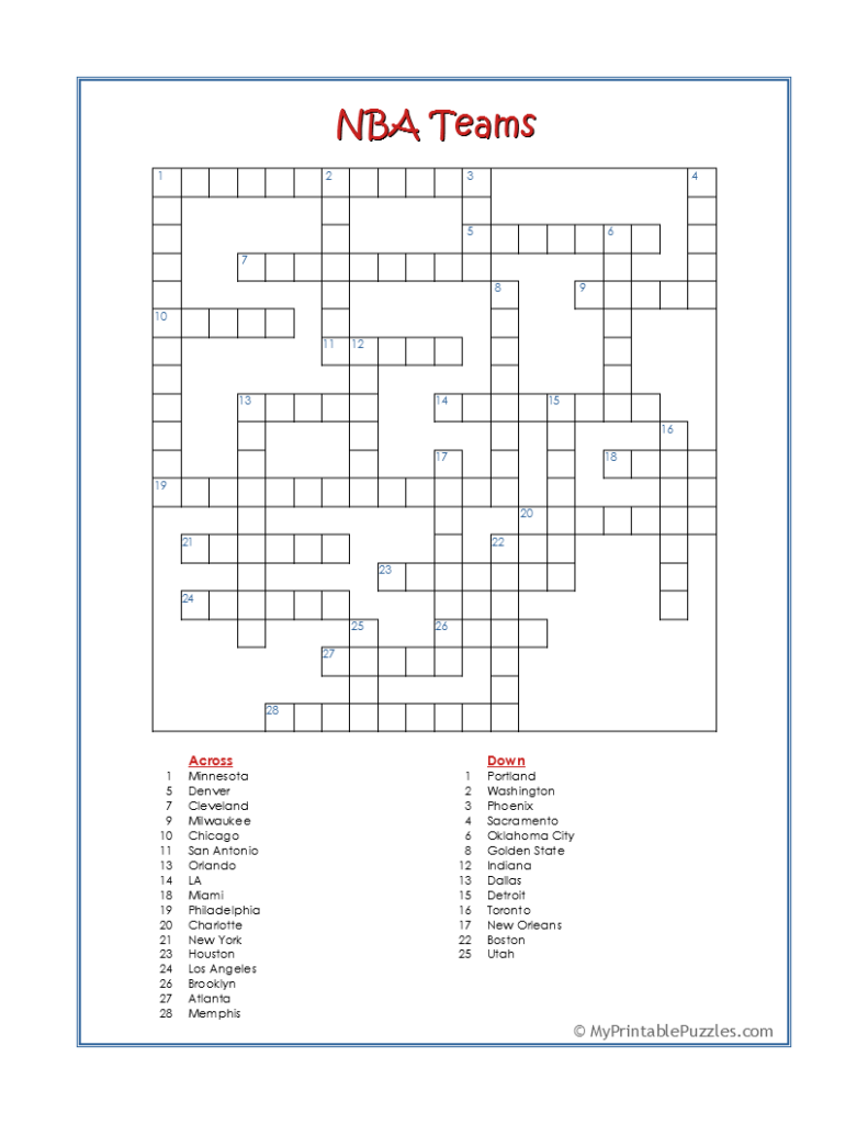 NBA Teams-Crossword
