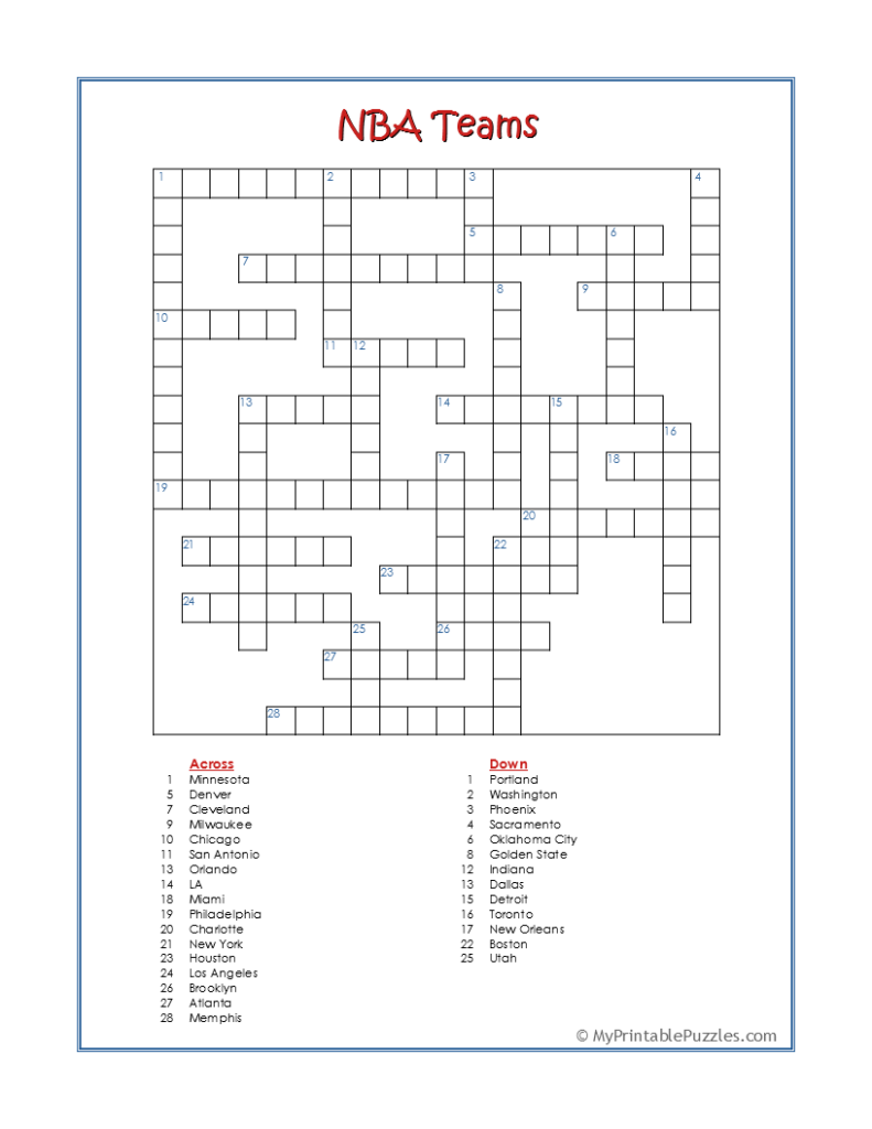 nba teams crossword puzzle my printable puzzles