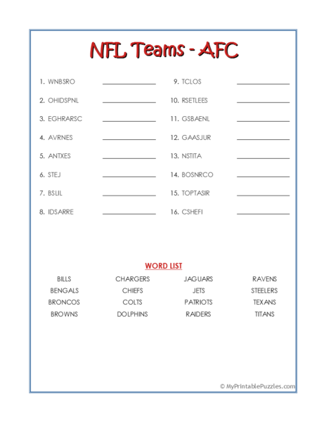 NFL Teams – AFC Word Scramble