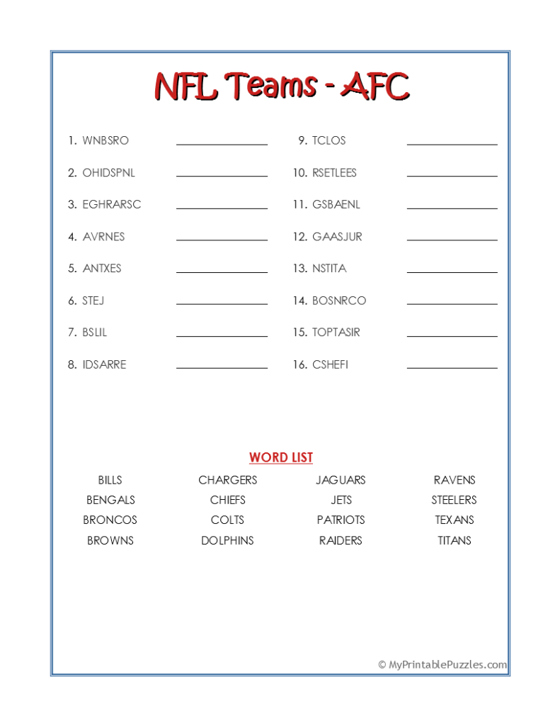 NFL Teams AFC-Word Scramble