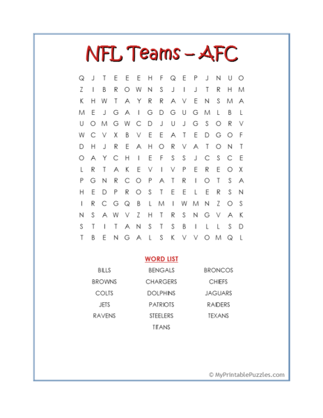 NFL Teams – AFC Word Search