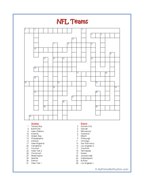 NFL Teams Crossword Puzzle