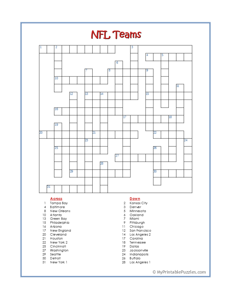 Nfl Football Crossword Puzzles Printable Printable Word Searches