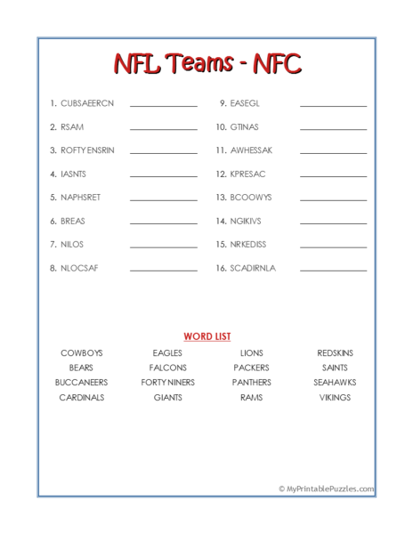 NFL Teams – NFC Word Scramble