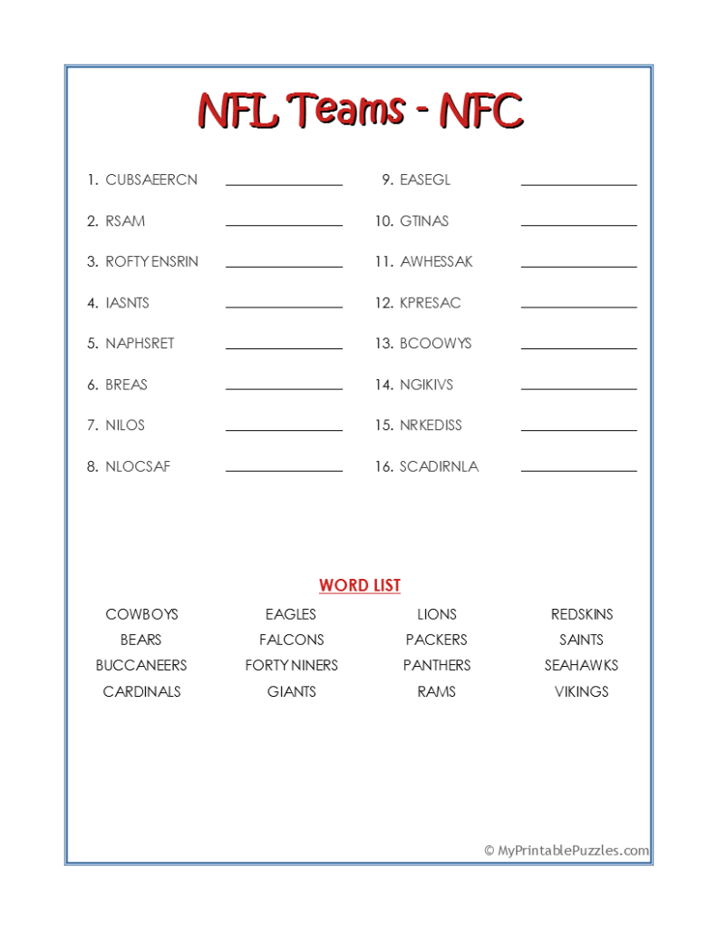 NFL Teams NFC-Word Scramble
