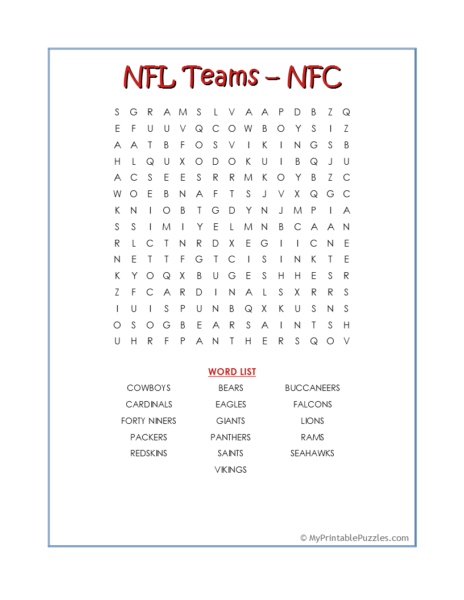 NFL Teams – NFC Word Search
