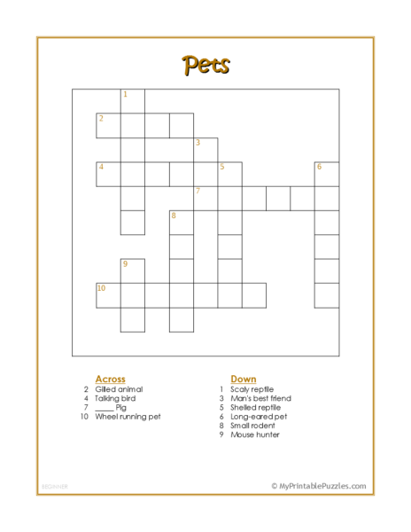 Pets Crossword Puzzle – Beginner