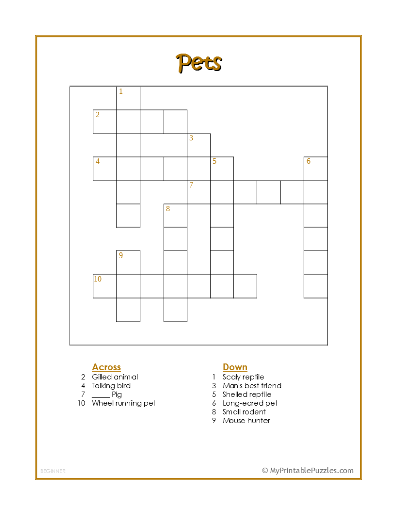 Pets Crossword Puzzle - Beginner