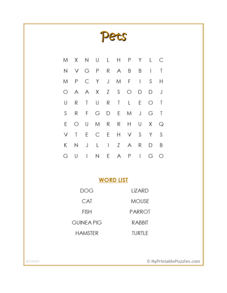Pets Word Search – Beginner