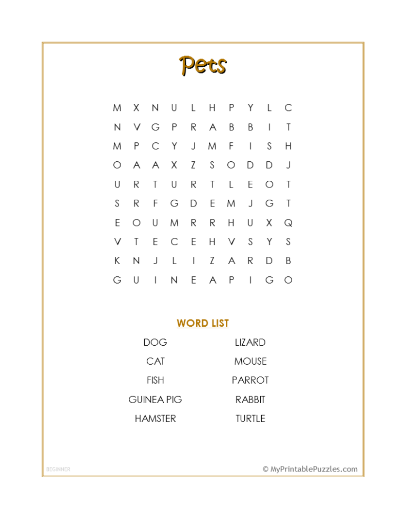 Pets Word Search - Beginner