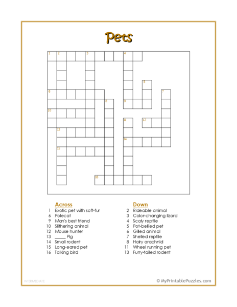 Pets Crossword Puzzle – Intermediate