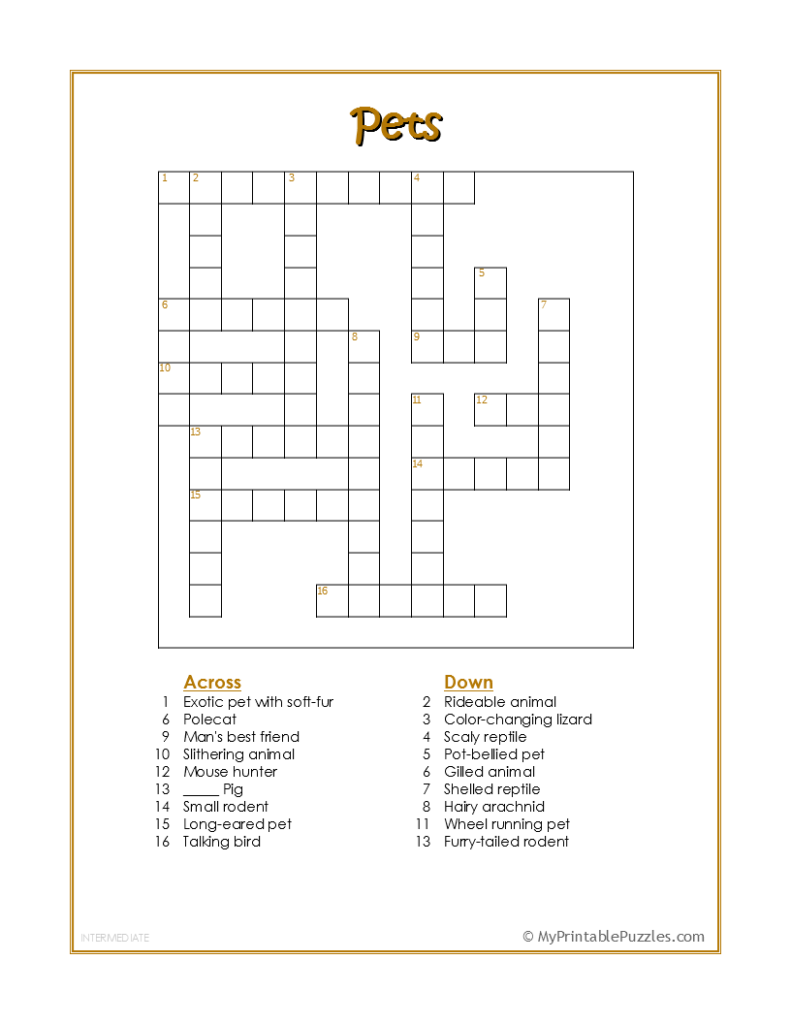 Pets Crossword Puzzle - Intermediate
