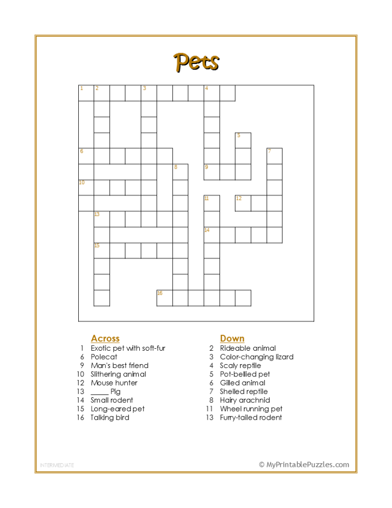 Printable Intermediate Crossword Puzzles