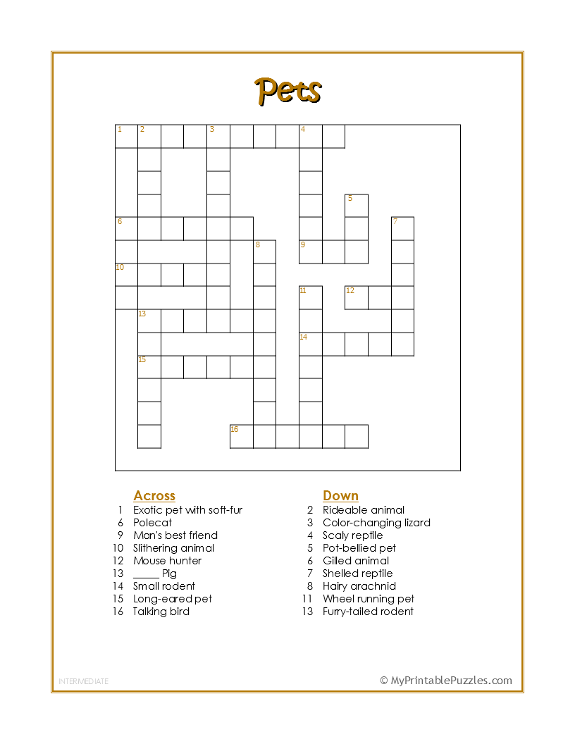 Pets Crossword Puzzle - Intermediate | My Printable Puzzles