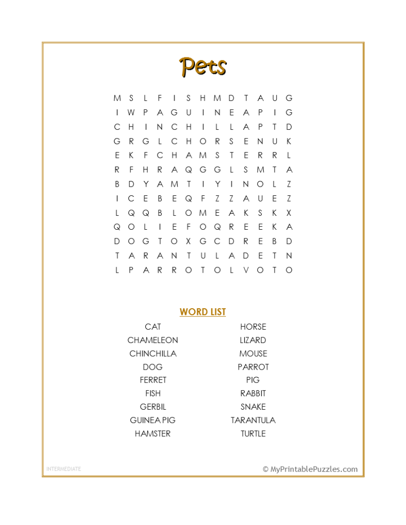 Pets Word Search - Intermediate