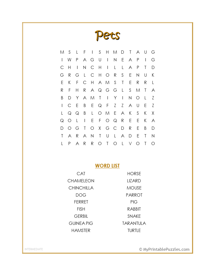Pets Word Search Intermediate My Printable Puzzles